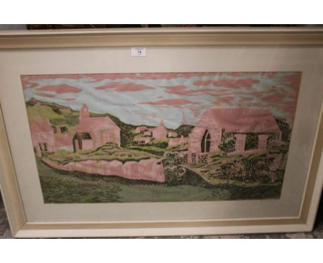 JOAN E. WOOLLARD. A modernist moorland village scene, signed in pencil and dated 1964 lower right, coloured lithograph on pap