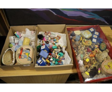 THREE BOXES OF VINTAGE TOYS, TRINKET BOXES, TEDDY BEARS ETC. 