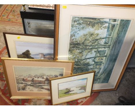 THREE FRAMED AND GLAZED WATERCOLOURS TOGETHER WITH A SIGNED PRINT