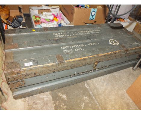 A LARGE VINTAGE MILITARY TRUNK FOR CAPT. P. F. MUSSELBROOK -  MARSHALS IMPROVED AIR AND WATERTIGHT WOODEN CHEST - COMPLETE WI