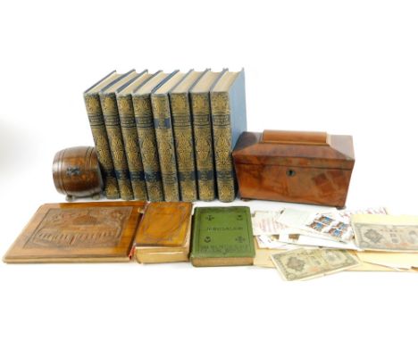 A 19thC mahogany sarcophagus shaped tea caddy, with fitted interior on compressed bun feet, 17cm H, 27cm W, 13cm D, a oak bar