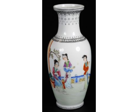 A Chinese Republic porcelain vase, of shouldered form, polychrome decorated with many figures of ladies before trees, predomi