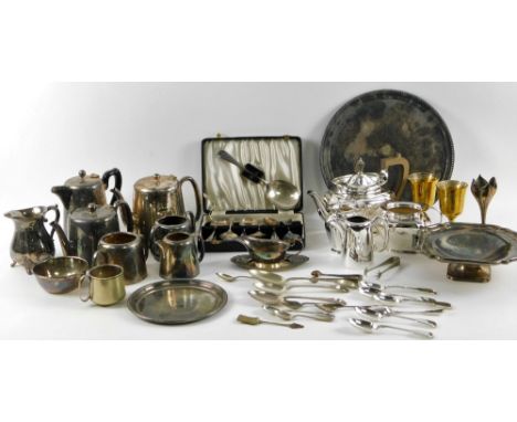 Various silver plated ware, services, fiddle pattern teaspoons, 14cm W, sauce boat on stand, salver, three piece tea service,
