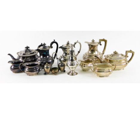 Various silver plated ware, to include tea ware, sugar caster, 21cm H, part services, three piece service, etc.  (a quantity)