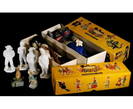 A boxed Pelham Puppet, horse, another wolf, four blanc de chine figures and two World Of Beatrix Potter limited edition figur