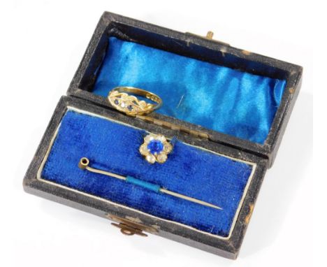 A ladies 18ct gold dress ring, set with blue and white stones on a part pierced shank, 3.3g all in, and a stick pin with remo