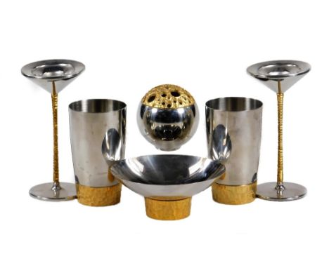 Stuart Devlin for Viners. Two beakers, 12cm H, orb flower holder, dish and two candlesticks, each in parcel gilt,  marked ben