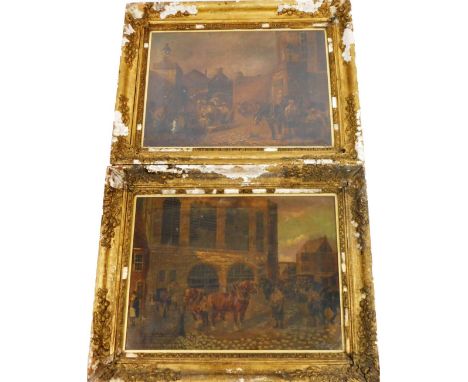 19thC School. Townscape, figures and horses, lithograph, 46cm x 55cm, and another. (2)