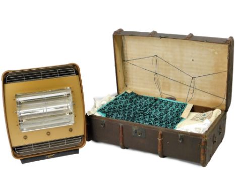An early 20thC Bentwood Triple Strength travel trunk, with domed top, 83cm W,  a quantity of various linen, some worked, an e