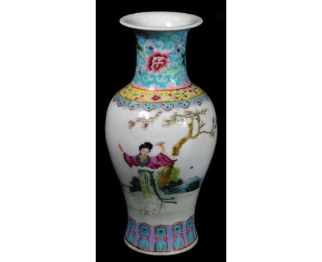 A Chinese Republic porcelain vase, the compressed trumpet stem raised above a shouldered body, polychrome decorated with figu