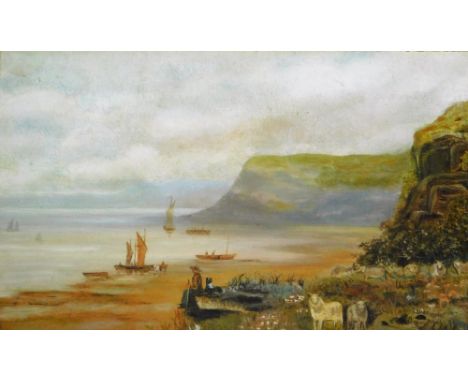 19thC English School. Figure on a beach, calm seascape, oil on canvas, indistinctly signed lower right, 25cm x 38cm.