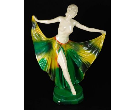 A 1930's plaster figure of a lady, semi-clad wearing a flowing dress, predominantly in green and yellow, on a plinth base, ma