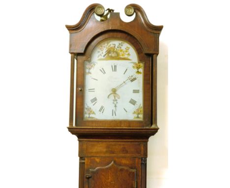 Deacon, Barton. A 19thC oak and mahogany longcase clock, with swan neck pedimented hood, painted arched dial with floral span