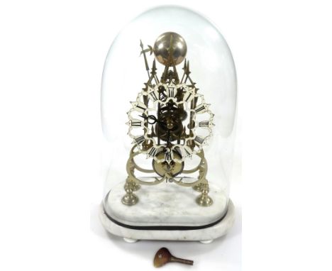 A late 19thC single fusee skeleton clock, with pierced floral 15cm W dial fronting an open movement, on a stepped marble plin