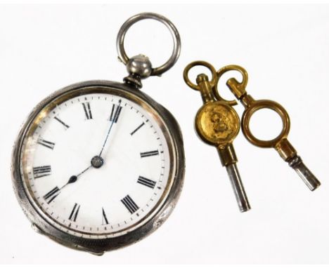 A ladies fob watch, in engine turned case with 3.5cm Dia. Roman numeric dial, with plain hook top, with Swiss cylinder escape