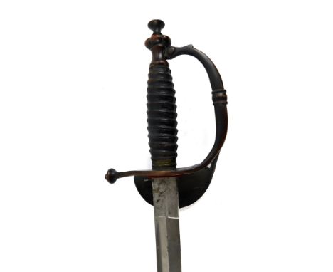 An officer's sword, with leather scabbard and narrow blade, with turned handle and compressed crown pommel, with C shape guar