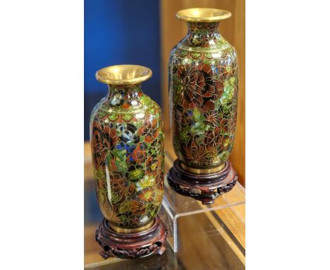 Chinese Pair of Vintage Cloisonne Vases &amp; Stands - 7 inches high