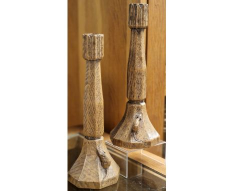 Late 1940's Robert Thompson Crafted Mouseman Yorkshire Oak Candlesticks - 27.5cm high