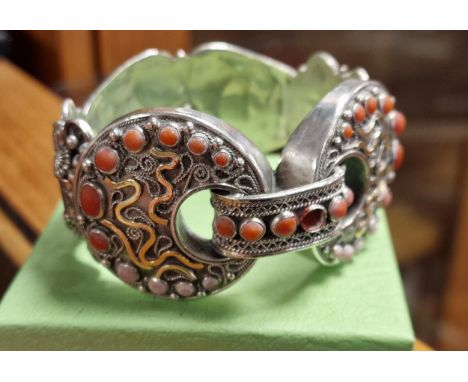 Antique Continental 800 Silver &amp; Coral Bangle - 63.6g