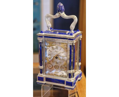 Asprey Designer Carriage Clock - La Vallee No 1 with Blue Lapis and Crystal Detail to Casing - 11 inches
