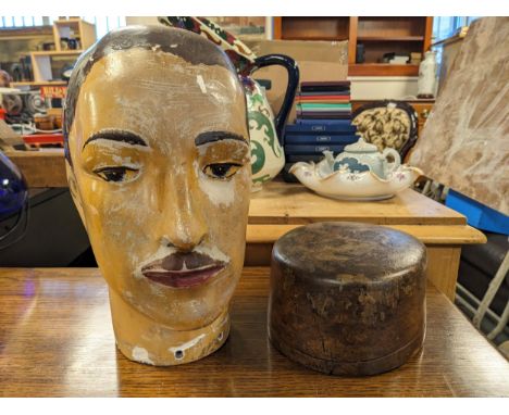 A Pre-War Period Haberdasher's Painted Plater Display Head and a Vintage Wood Hat Block