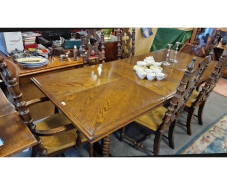 Vintage Oak Extender Dining Table w/six American Made Tudor Style Chairs