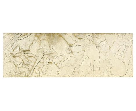 Architectural: A stone plaque carved in relief with forest animals  mid 20th century 53cm.; 21ins high by 156cm.; 61ins long