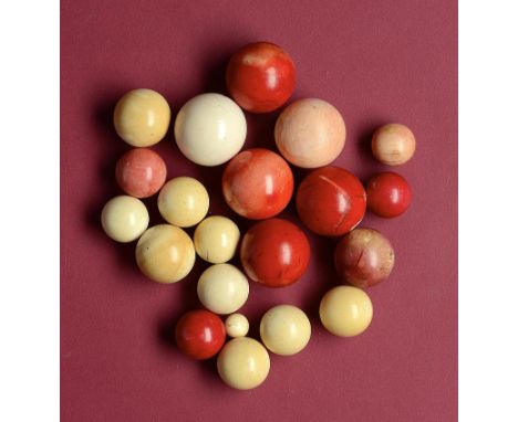 Natural History: A collection of six antique Ivory Billiard balls  19th/early 20th century together with fifteen smaller ball