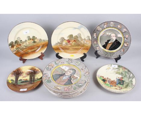 Fourteen Royal Doulton character and landscape plates, various, and two Radford floral decorated vases, 6" and 8" high 