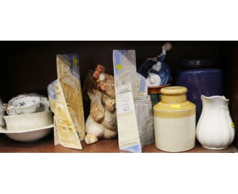 A Lattie studio pottery jug with slip decoration, a pair of Josephine Cotterell architectural vases and other china and glass
