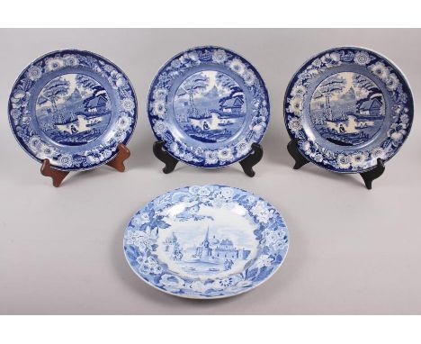 A set of three Don Pottery blue and white transfer decorated plates, decorated floral borders with central landscape panels, 
