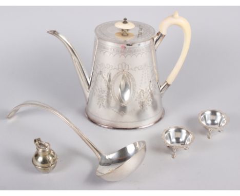 A silver plated Mappin &amp; Webb coffee pot with ivory handles and engraved decoration, a plated ladle, a Jersey jug peppere