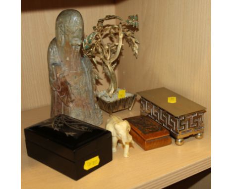 A hardstone figure, 7 1/4" high, a resin model of an elephant, a hardstone and gilt decorative tree, a snuff box, a silver pl