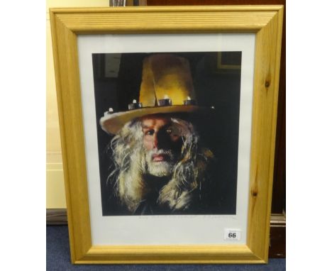 Robert Lenkiewicz (1941-2002), signed print self portrait with cowboy hat, the image approx 29cm x 25cm, together with a fram