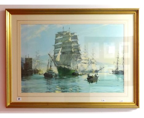 After Montague Dawson, open print, large marine scene 'Sailing Ships', 50cm x 77cm.