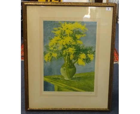 A signed coloured print after Augustus John, 'Still life with jug of mimosa', signed in pencil bottom right 'John', with Fine