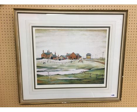 L.S. LOWRY PRINT SIGNED IN PENCIL AND WITH STUDIO PROOF MARK, LANDSCAPE WITH FARM BUILDINGS F/G 54 X 43CM