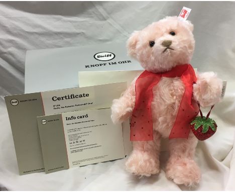 STEIFF ROSIE TEDDY BEAR, PALE PINK MOHAIR WITH OVER 800 SWAROVSKI CRYSTALS ON METAL STRAWBERRY