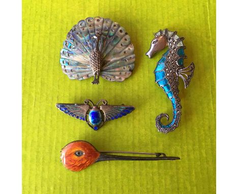 SILVER ENAMEL MOTH BROOCH ,SILVER MARCASITE SEAHORSE PEACOCK BROOCH AND ENAMEL BIRDS HEAD BROOCH