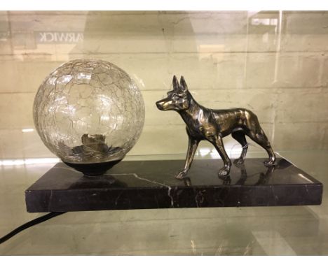FRENCH ALSATIAN DOG DESK LAMP WITH GLOBULAR CRACKLE GLASS SHADE 28CM WIDE