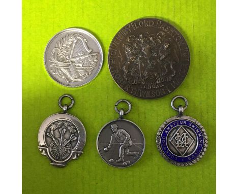 SILVER AND ENAMEL SPORTING MEDALS AND LANCASTER TOWN HALL COMMEMORATIVE MEDALLION