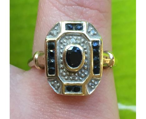 9CT GOLD ART DECO DESIGN RING SAPPHIRE AND DIAMOND CHIP  SIZE K 2.6G APPROX