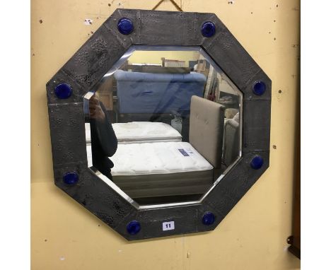 ARTS &amp; CRAFTS PEWTER OCTAGONAL FRAMED MIRROR WITH APPLIED BLUE ENAMEL BOSSES 56CM DIA