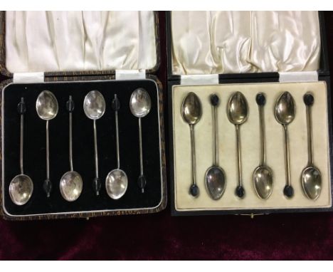 CASED SET OF SIX SILVER COFFEE BEAN FINIAL SPOONS AND ANOTHER CASED SET OF SIX SILVER COFFEE BEAN SPOONS WITH ENAMEL BOWLS
