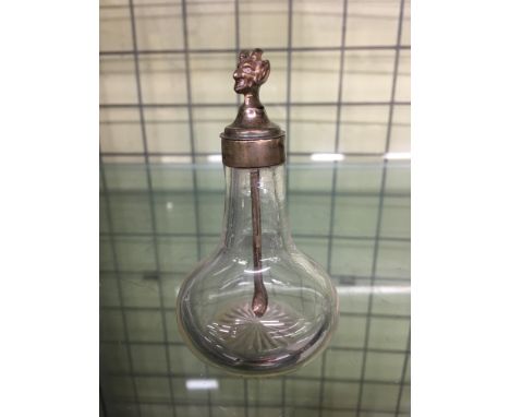 BIRMINGHAM SILVER MOUNTED GLASS TAPERED JAR WITH SATYRE HEAD FINIAL 9CM HIGH APPROX