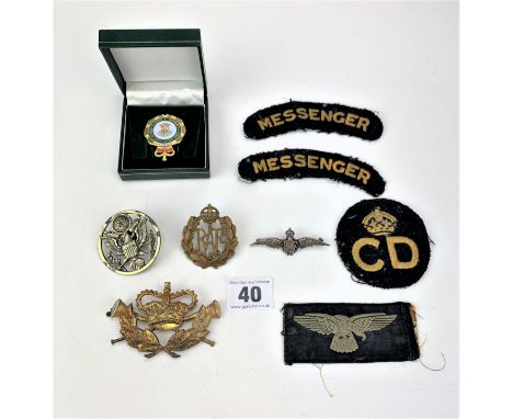 Women’s Land Army badge, 4 cap badges and 4 patches – 2 Messenger, CD and RAF shoulder eagle