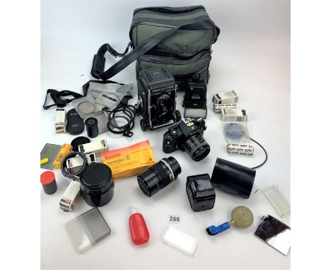 Mamiya C330 Professional Camera, Nikon camera, Miranda flash, Vivitar lens, Nikon lenses and accessories in Prinz camera bag