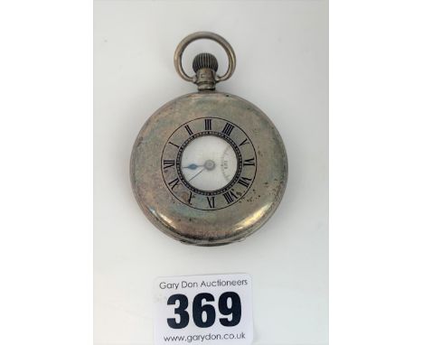 Silver half hunter Dennison Special pocket watch, 2” diameter. Not running. Total w: 3.4 ozt