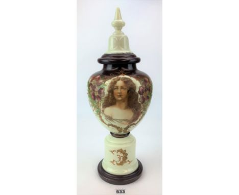 Antique glass lidded vase with handpainted portrait, 20” high