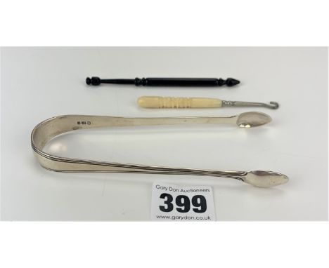 Silver sugar tongs, w: 0.9 ozt, crochet hook and bobbin